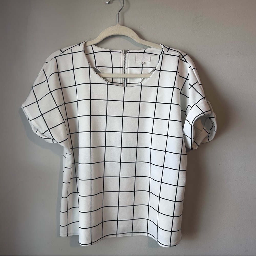 Melloday White Black Windowpane Grid Short Sleeve Blouse Women’s Size Medium